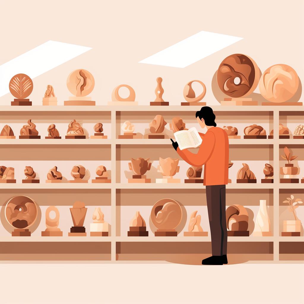 Person inspecting clay art pieces in storage