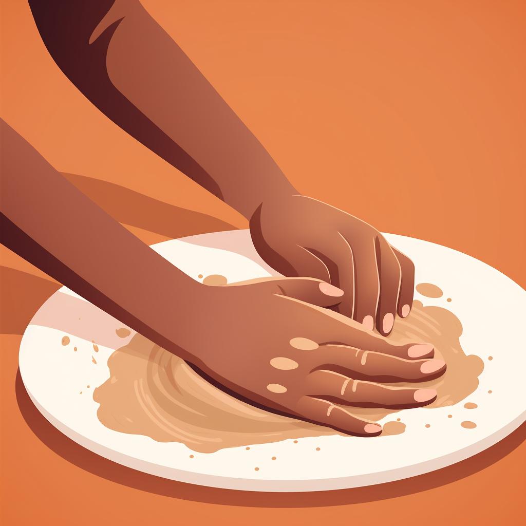 Hands kneading and rolling out clay on a flat surface.