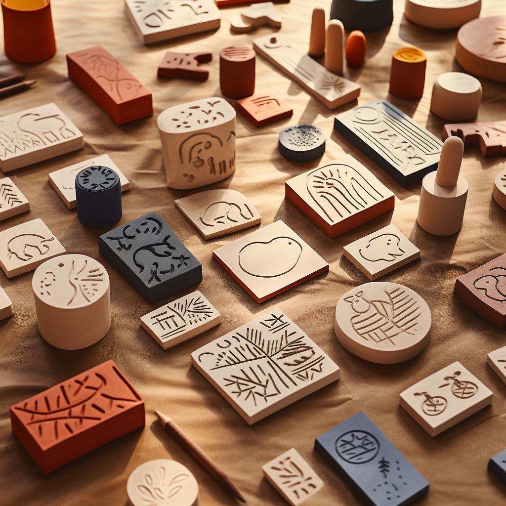 A variety of clay stamps displayed on a table.