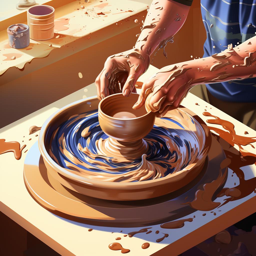 Hands shaping clay mug on a spinning pottery wheel