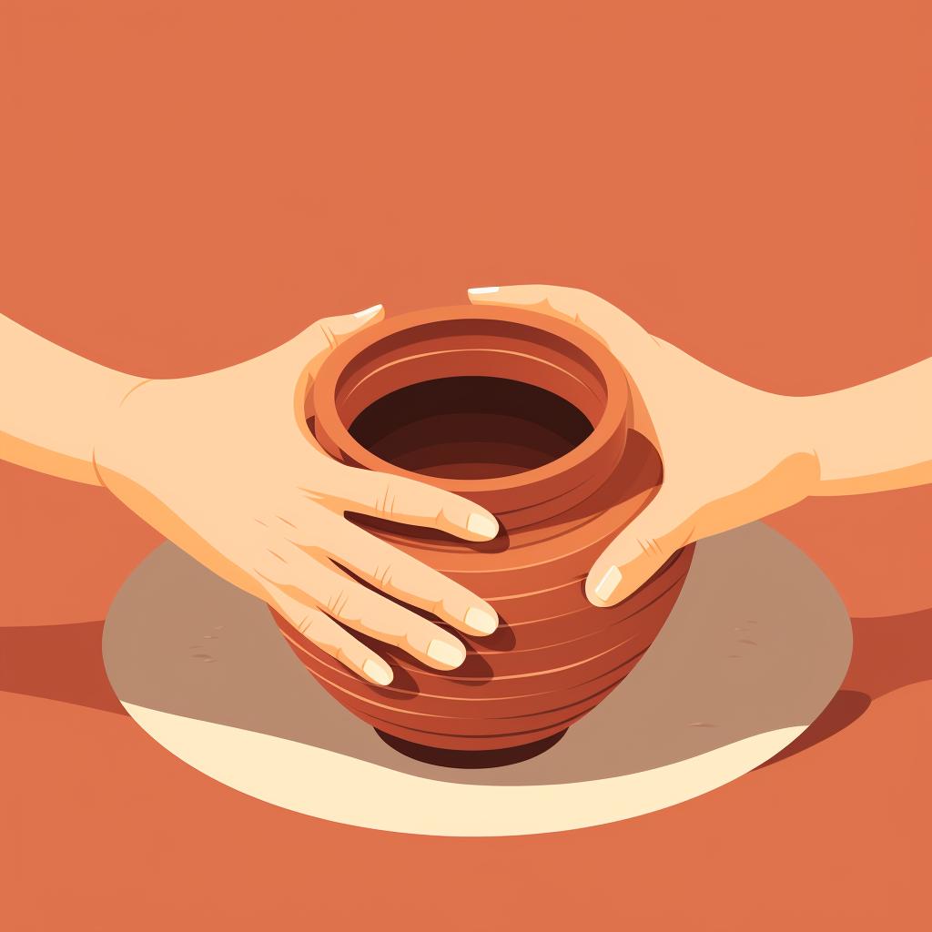 Hands pinching and shaping the clay pot