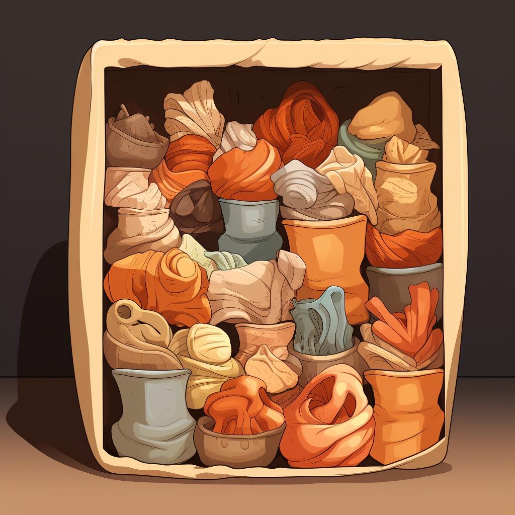 Wrapped clay art pieces arranged in a storage container