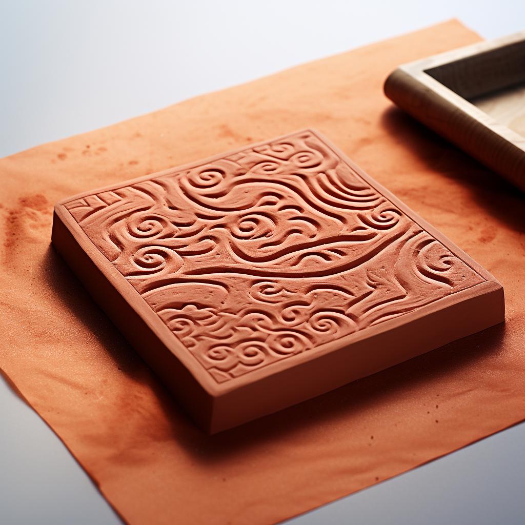 Stamped clay piece left to dry on a flat surface.