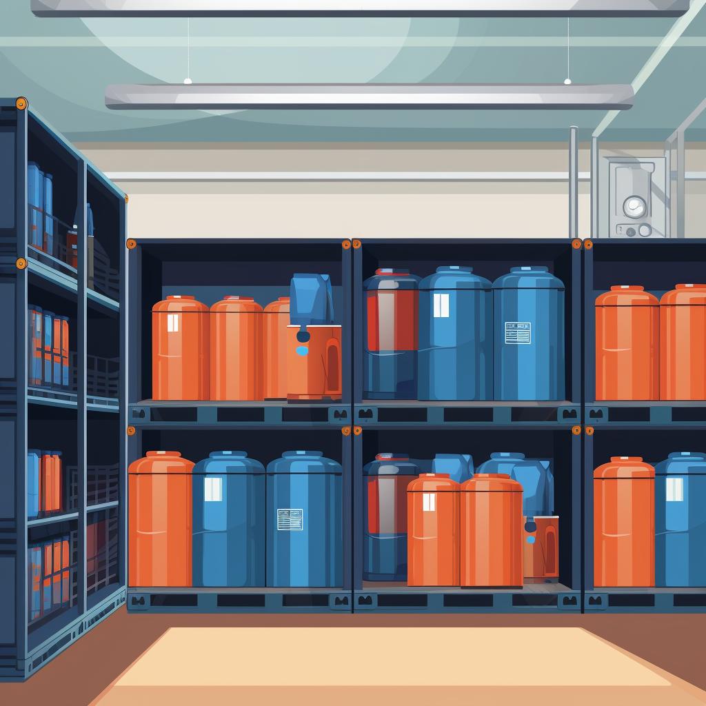 Storage containers neatly arranged in a cool, dry storage area