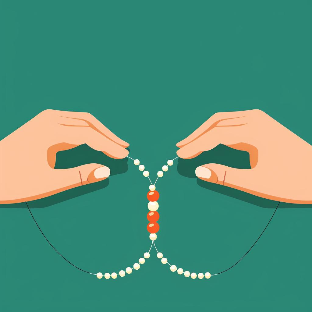 Hands stringing beads onto a cord and tying off the ends.